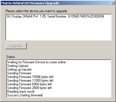 And then the display is upgraded. The last line shows &quot;Success, Starting firmware&quot;. This lets us know the upgrade has been successful.