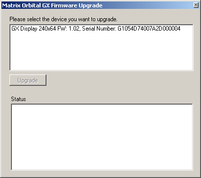 The connected GX displays will show, their size, current firmware and serial number. Click on the one you would like upgraded and then click &quot;Upgrade&quot;.